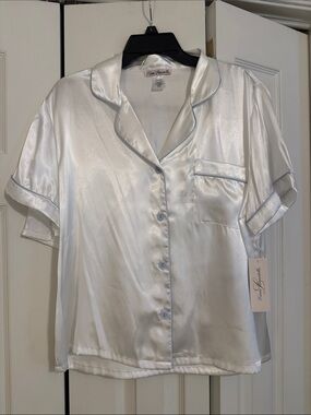 NWT Linea Donatella Luxe Satin Bridal Pajama Set - White with Light Blue Piping